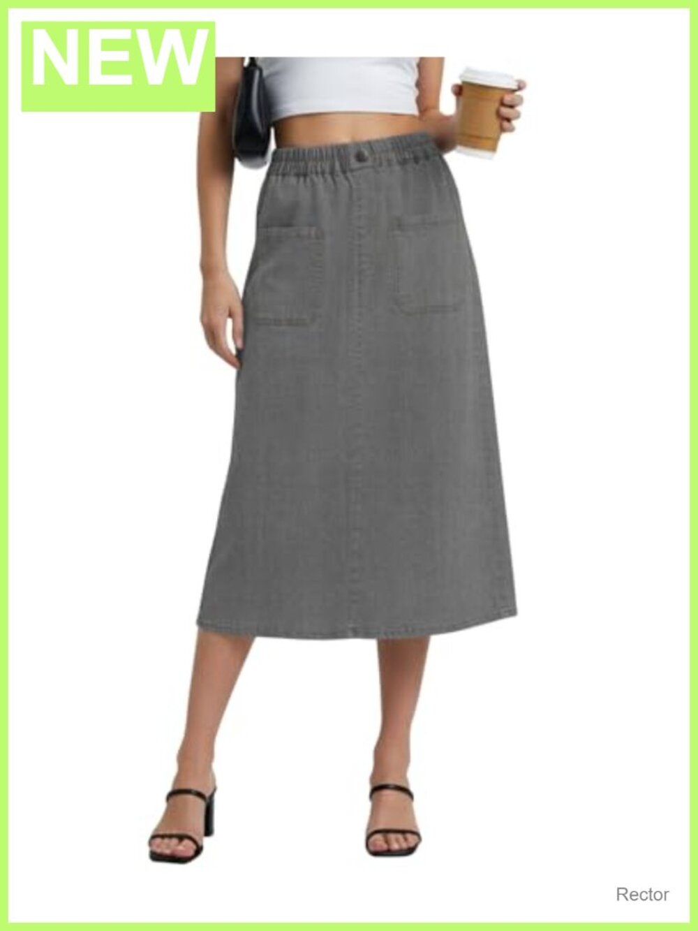 High Waisted Denim Midi A Line Jean Skirt with Pockets Pull On